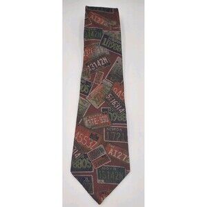 Je suis Vtg Mens Necktie Tie Brown‎ License Plates All Over - 55"